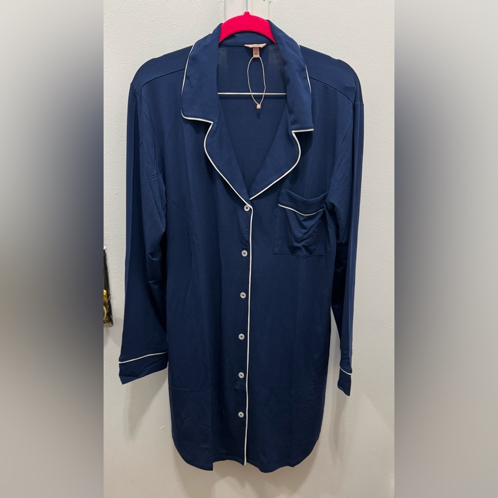 Eberjey Navy Blue Long Button-Front Pajama Top with White Piping